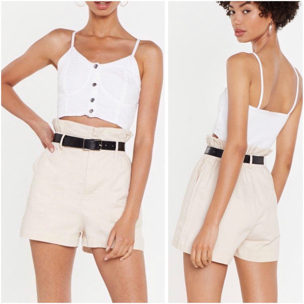 NWT Nasty Gal’s Vera Lucy Cream Khaki High Paper bag Waist Shorts